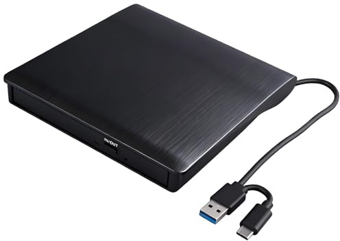 Kryolithm Lettore CD/DVD esterno USB 3.0 e Type-C, unità floppy disk esterna per PC portatile, lettore DVD per Windows 98/11/10/8/7/XP/Vista, Mac OS 8.6, nero