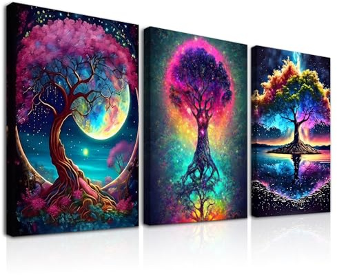 Dazzlewall 3er Set Bunte Lebensbaum Wandkunst, Bunte Fantasy Mond & Sternenhimmel Gemälde Wanddeko für Schlafzimmer Wohnzimmer Mit Rahmen 30x40 cm