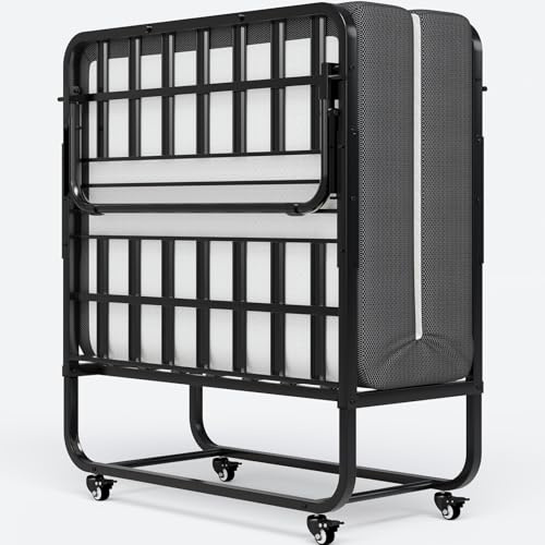 Brinlawb Cama Plegable 90x200cm con Colchón de Espuma de Memoria de 13cm de Grosor y 4 ruedas, Cama Plegable de Invitados, Estructura de cama de metal robusta y estable, Ahorra Espacio Fácil de Montar
