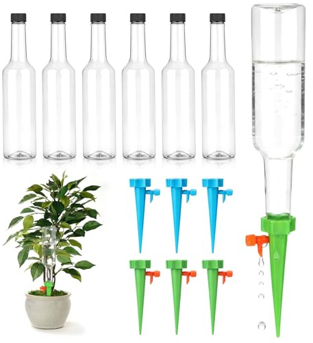 Ferrochef 6 Set Plant Watering Devices with Self Watering Spikes Automatic Planter Insert Spikes with Bottle Waterer Devices with Adjustable Control Valve for Vacation Garden Indoor(25 oz Bottle)