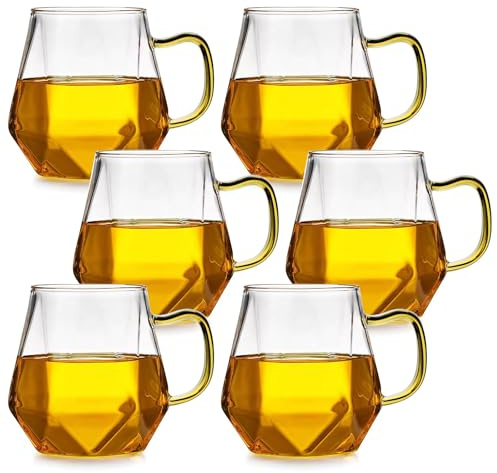 Kaffeglas, uppsättning av 6 glas koppar, 350 ml kaffekoppar med diamantdesign, kaffeglas med handtag för latte macchiato, espresso, cappuccino och mjölk juice öl, diskmaskinssäker