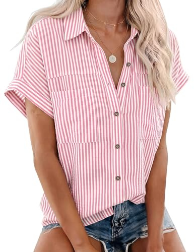Rapbin Blouses for Women Short Sleeve Collared Button Shirts with Pockets