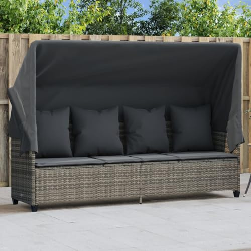 KKHOMEI Gartensofa mit Liegefunktion und mit Dach Liegesofa Rattan Sonnenliege Balkon Bank Verstellbar Gartenliege Sofa Liege Lounge Sofa Outdoor mit Schlaffunktion Rattansofa 200 x 52,5 x 3 cm