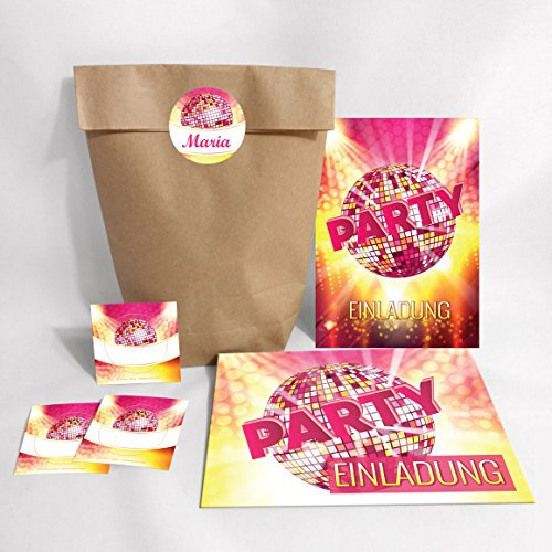 JuNa-Experten 10-er Set Einladungskarten, Umschläge, Tüten, Aufkleber für Geburtstag Einladungen Kinder Erwachsene Disco-Geburtstag