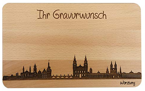 Brotzeitbrett Würzburg Skyline | Frühstücksbrettchen aus Buche | Holz Schneidbrett | Geschenk mit Gravur | Frühstücksbrett | Bayern (Brett XL (35x23x1,5cm), 2. mit persönlicher Gravur)
