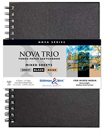 Stillman & Birn Nova Series Trio Skizzenbuch mit Spiralbindung, 17,8 x 25,4 cm, 150 g/m² (schwer), beige, graues und schwarzes Papier, mittlere Körnung