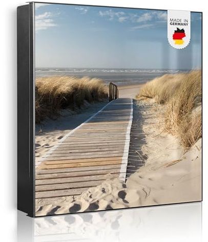 banjado Großer Schlüsselkasten Metall - Schlüsselbox 30x30cm beschreibbarer mit 32 Haken - Schlüsselkasten modern für Schlüsselaufbewahrung - Korpus Schwarz Scharnier Links - Motiv Dünen