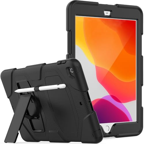 SEYMAC Case for iPad 9th 8th 7th Generation 10.2 inch with Pencil Holder/Built-in Stand, Protective Shockproof iPad 9th Gen Rubber Case 2021/2020/2019 - Black