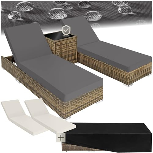 tectake® 3PC Rattan Sun Lounger with Aluminium Frame, Garden Furniture Set with 2 Loungers, Including Side Table, Cushions and 2 Cover Sets, 5-level Reclining Garden Chair - Nature