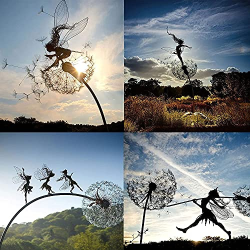 Garten-Silhouette, Fee und Löwenzahn, tanzt zusammen, Skulptur, Gartenfee, Dekoration mit dem Pusteblumen-Motiv, Metallkunst, Elfen-Silhouette, Ornament (4 Stück)
