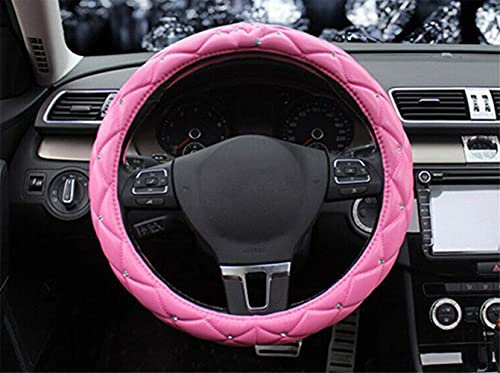 Uposao Strass Auto Lenkradbezug, Universal 38cm 15 Auto Lenkradhülle mit Krone Bling Bling Glitzer Kristall Diamant Anti Rutsch Microfiber Leder Lenkradbezug Lenkradschoner für Damen Mädchen,Pink