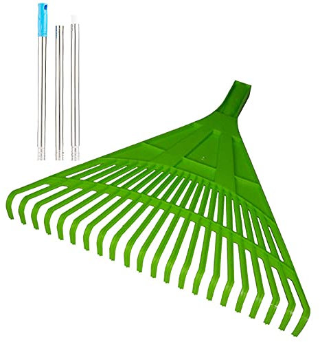 HSJCZMD - Rastrello per prato da giardino, con manico in acciaio regolabile, 22 denti, non danneggia il prato, in plastica altamente resistente e durevole, 83,8 - 165,1 cm (verde)