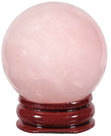 KYEYGWO 35-40 mm Natural Pink Rose Quartz Crystal Ball with Wood Stand | Polished Gemstone Orb, Home Office Feng Shui Decor, Attract Love & Romance, Heart Chakra Healing Crystal Sphere Gift
