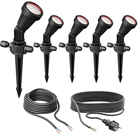 ledscom.de 5er Set Gartenstrahler mit Erdspieß PIRK für außen, IP44, schwarz, Stecker, inkl. GU10 LEDs je 468lm warmweiß