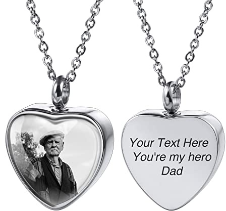 INBLUE Custom Urn Necklace for Ashes with 12 Birthstones/Angel Wing/Picture Heart-Shaped Pendant Keepsake Waterproof Cremation Jewelry for Ashes with Filling Kit (Black&White Photo)
