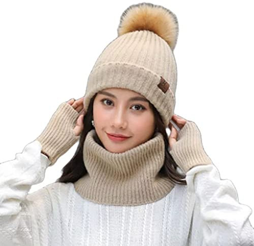 WLLLTY Mütze Damenmode Wintermütze Schal Set Outdoor Strickschal Mütze Handschuhe Dreiteiliges Set