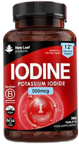 Iodine Tablets 500mcg 365 (1 Year Supply) Vegan High Strength Tablets Iodine Supplements, Natural Source of Iodine from Potassium Iodide GMO Free, GMP, Made in UK by New Leaf