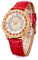 TIME100 Uhr Damen Elegant Modisch mit Kristallen Edelstahl Stilvoll Goldenes Gehäuse Edel mit Blauem Zifferblatt und Römischen Ziffern Wasserdicht (Rot)