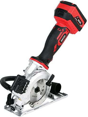 Excel 18V 115mm Mini Circular Saw with 1 x 4.0Ah Battery - No-Load Speed 4500/min - Soft Grip - Rip Guide Locking & Laser - Dust Port