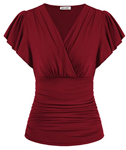 GRACE KARIN V-ringad blus, elegant omlottblus, lykta, långärmad, smal passform, veckad topp, tunika, blus, Vinröd kort ärm, XL