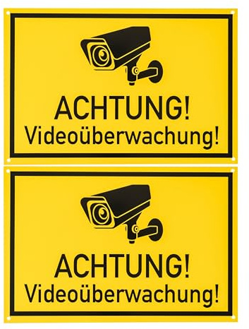Hinweisschild Achtung! Videoüberwachung!, 2 Stück, 30 x 20 cm, 1 mm starkes PVC Schild mit Bohrlöchern, Video Überwachung Schilder für Innen- und Außenbereich, Kameraüberwachung Schild Grundstück