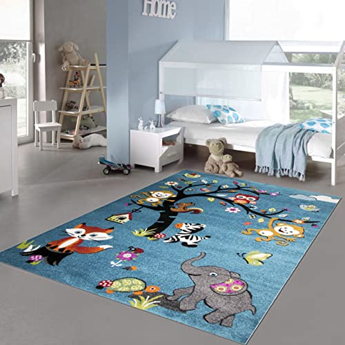 Kinderzimmer-Teppich mit verschiedenen Tiermotiven | pflegeleicht | in blau, 200x290 cm
