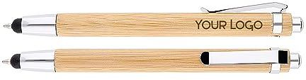 MPM Quality Bambus-Kugelschreiber, mit Laser Gravur, personalisiert, Werbung mit Text & Logo für Firma, mit Gummi für Touchscreen-Steuerung und Metallclip, Holz, Eco friendly, Preis für 20 Stück