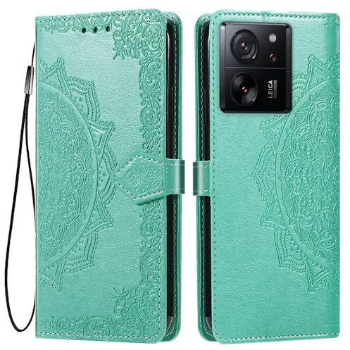 HONLEN Hülle für Xiaomi MI 13T / Xiaomi MI 13T Pro Handyhülle, (6.67 Inches) Premium PU Leder Wallet Magnetverschluss Flip Case mit 3 Kartenfach,Mandala Muster Case Grün