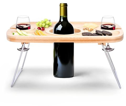 Liebspecht Wein-Picknick-Tisch - Aperitivo Tablett - tragbarer Picknick-Tisch für 2 Gläser und 1 Flasche - Bambusholz mit Metallfüßen - Ideal für Garten, Camping, Outdoor - 38x28x15,5 cm