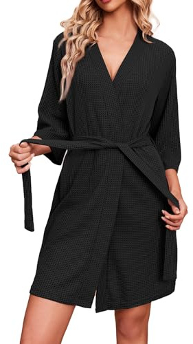 Ekouaer Accappatoio da donna in maglia waffle vestaglia al ginocchio Nero M