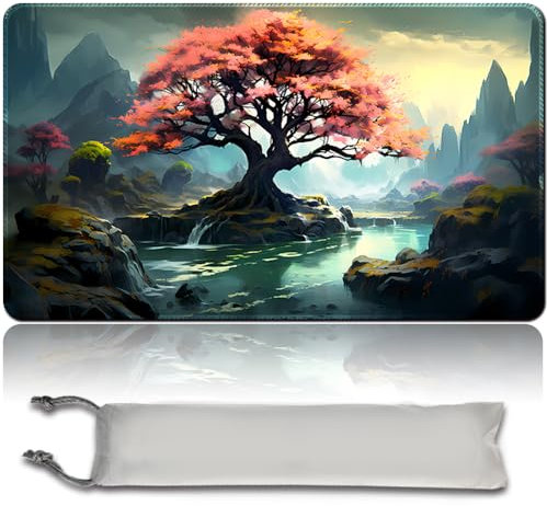 MPLR Tapis de jeu MTG + sac étanche gratuit, bords cousus, surface en caoutchouc lisse, PlayMat avec zones (arbre rose - pas de zone)