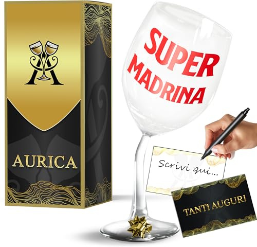 Aurica Calice Vino Personalizzato SUPER MADRINA - Regalo Perfetto Per Una Madrina Speciale Pronta A Brindare Con Stile! Bicchiere Piegato Sorprendente Originale E Affettuoso Con Scatola Regalo Inclusa