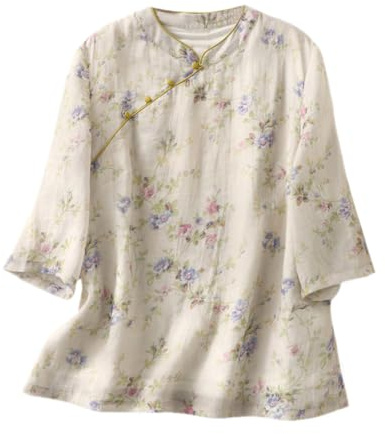 YM YOUMU Vestido para mujer, blusa tradicional china, mangas a medias, cuello en V, estampado étnico floral, verano, Qipao
