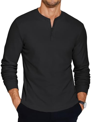COOFANDY Henley-skjorta herr långärmad baströja knappslå långärmad tröja T-shirt långärmad, svart, L