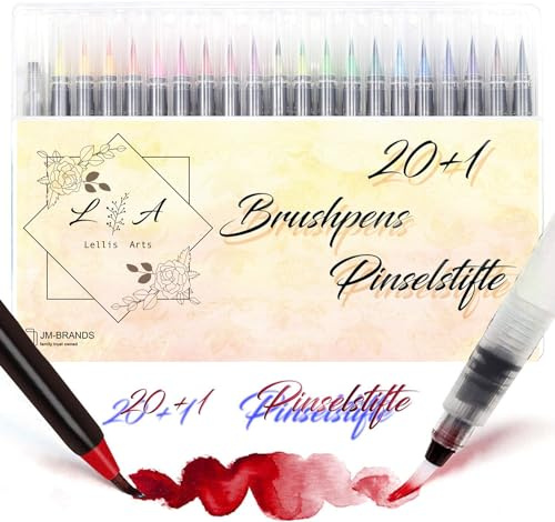 JM-Brands Lellis Arts Pinselstifte Set 21 Stück Brushpens Künstlerbedarf für Malbücher DIY Skizzen Notizbuch Kalligraphie Malen, Wasserpinsel für Aquarelleffekt, für Kinder geeignet