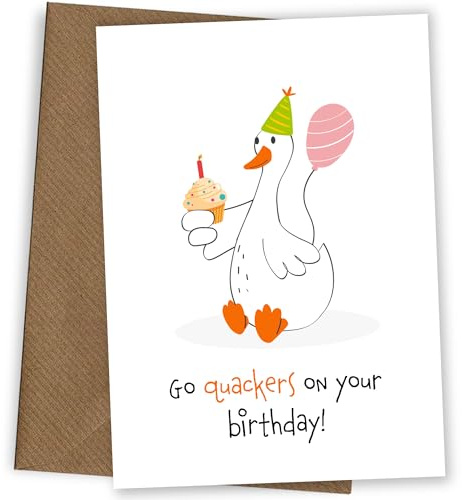 Duck Birthday Card with Go Quackers Pun, Balloon and Cupcake | Cute Funny Birthday Card for a Wife, Friend or Duck Lover Who Enjoys Quirky Humour