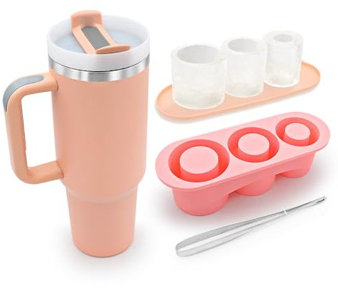 RANXINGST Eiswürfelform mit Deckel und 40 oz Thermobecher mit Strohhalm und Deckel 2er Pack, Eiswürfelbehälter Silikon + Trinkbecher aus Edelstahl mit Griff 1.2L - Rosa
