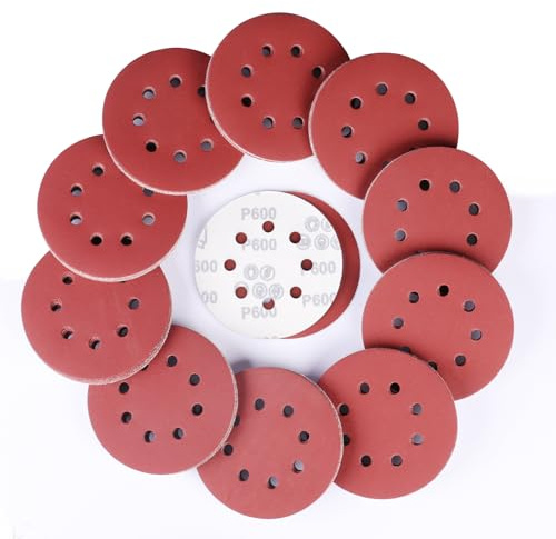 Sruhrak 100 Pezzi Rotonda Dischi Abrasivi 600 Grana, 125mm Tamponi di Levigatura a 8 Fori da Carta Vetrata per Levigatrice Orbitale