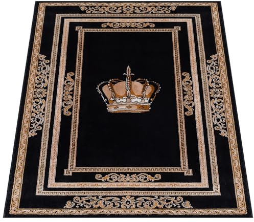 Belle Arti Exklusiver Teppich Wohnzimmerteppich mit Royal Krone Motiv in Schwarz Gold Orientalisch goldene Ornamente Kurzflor rutschfest Antiallergisch Maschinengewebt 100% Polyester - 120x170 cm