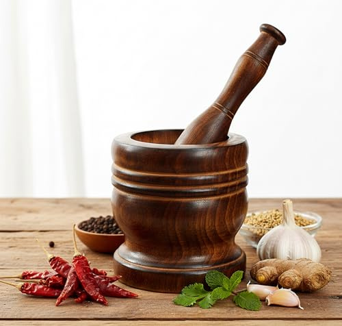 KLEO Moulin à purée en bois pour épices et médicaments | Okhli Musal | Ensemble pilon à mortier | Imaam Dasta, Kharal, Khalbatta pour cuisine (‎Indo_5IN_Okhli)