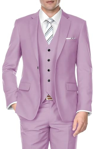 SPTALLFITJSV Herren-Anzug-Set, schmale Passform, 3-teilig, für Hochzeit, Business, Abschlussball, Party, Ein-Knopf-Blazer, Weste und Hose, Smoking-Set, Flieder, L