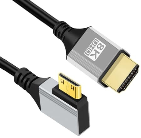 CY Câble Mini HDMI 2.1 ultra fin coudé à 90 degrés HDTV 8K 4K Cordon ultra flexible Type-A vers Type-C pour caméra HDTV 50 cm