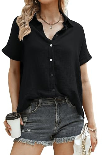 Aottori muslinblus, damer, eleganta toppar, 100 % bomull, kortärmad skjortblus med V-ringade blusar, tunika, toppar, sommar