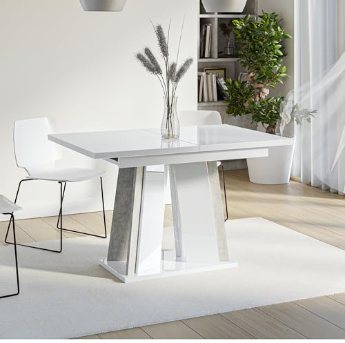PROROOM FURNITURE Dora Ausziehbarer Wohnzimmertisch 120-160x80 cm Rechteckiger Gästetisch Moderner Stil Weiß Hochglanz Betonoptik