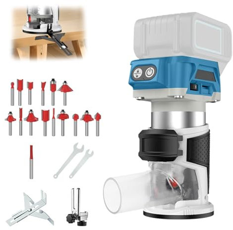 Kabelloser Oberfräse, kompatibel mit Makita 18 V Akku, 30.000 U/min bürstenloser Holzschneider mit 6 Geschwindigkeiten, Staubhaube, gerader Führung, Führungsrad, 15 Stück 1/4-Zoll-Schaft-Fräser-Bits