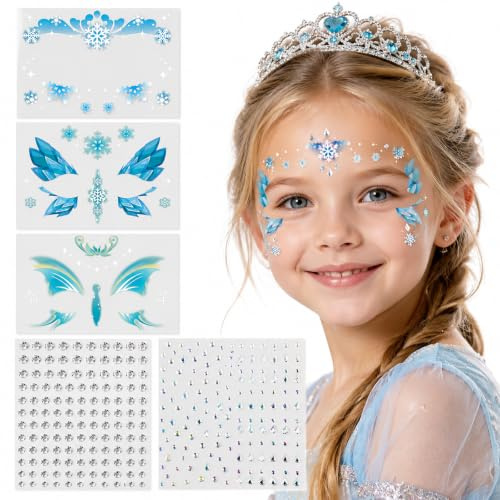 Eiskönigin Gesichtstattoo mit Glitzersteine – Temporäre Tattoos für Kinder & Erwachsene – Frozen Prinzessin Karneval Fasching Schminke Blau Schneeflocke Sticker