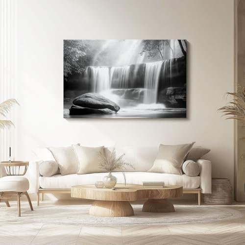 Leinwandbild Fotografie Wasserfall Felsen Poster 60 x 40 cm (Ungerahmt) Wandbild Kunstdruck für Wohnzimmer Schlafzimmer Büro Wanddeko Grau not Rahmen Bild auf Leinwand