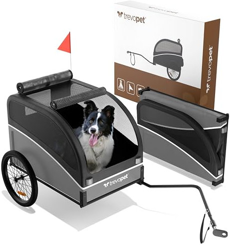 Trevopet® Hundeanhänger für Fahrrad – Faltbarer Hundefahrradanhänger mit Kupplung & Reflektoren – Fahrradanhänger Hunde bis 40 kg – Wasserdicht – Kompatibel mit E-Bikes – Grau