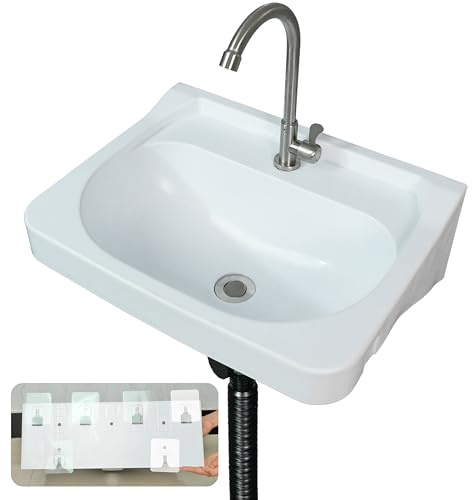 Lavello da bagno con montaggio a parete, 40 x 39 cm, installazione senza trapano, autoadesivo con foro per rubinetto, lavelli da bagno galleggianti per lavabo, lavabo in plastica per camper, garage