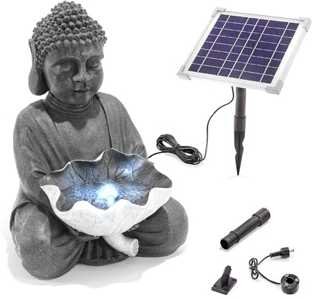 esotec Solar Gartenbrunnen Wasserspiel Buddha außen Akku & LED 101331 | Solar Gartenbrunnen, 6Wp Solarmodul, LiFePO4, LED ww+kw, Polyresin Steinoptik, Trockenlaufschutz, Durchflussregler, H42cm